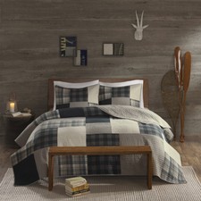 NEW COZY COUNTRY TAN BEIGE BLUE GREY PLAID TAUPE LOG CABIN LODGE QUILT SET