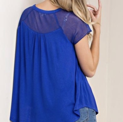 Kori America Royal Blue Mesh Floral Short Sleeve Top Blouse Relaxed Small - Picture 4 of 5