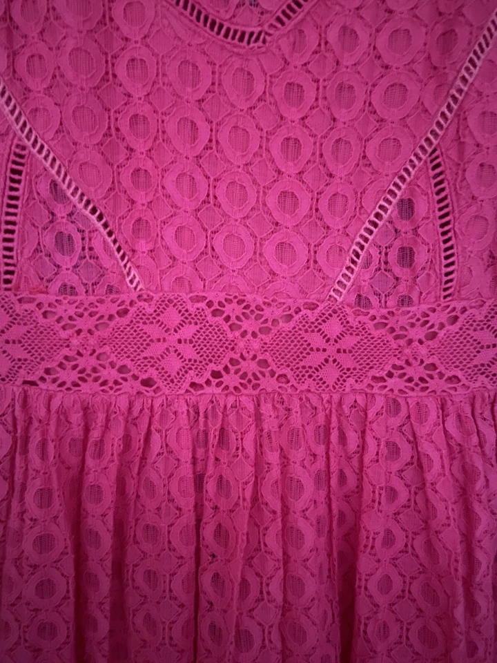 Esley ~ Misses Sz Small ~ Bright Pink Lace Overlay A-Line Dress ~ Above Knee (J) - Image 4 of 4