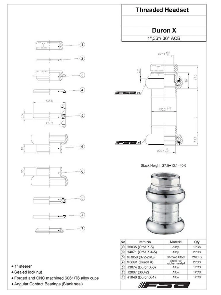 FSA Duron X 1" Threaded Headset 22.4/26.4mm Sealed Bearings w/FSA Logo Silver - Image 4 of 4