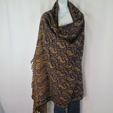 Paisley Throw/Shawl Handloomed Reversible Oversize Yak Wool Blend Navy Gold