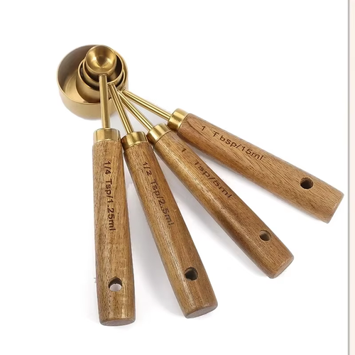 Wooden Handle Stainless Steel Measuring Cups Spoons Baking Tools Coffee ...