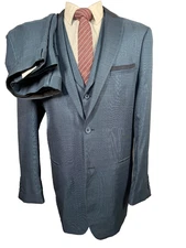 STUDIO FERERA Mens Blue 2 Button 3 Piece VEST Suit 44L Jacket 37x32 Pant