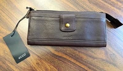 NWT ECCO Women s Espresso Bifold Wallet Snap Button & Zipper, Credit Card Slots