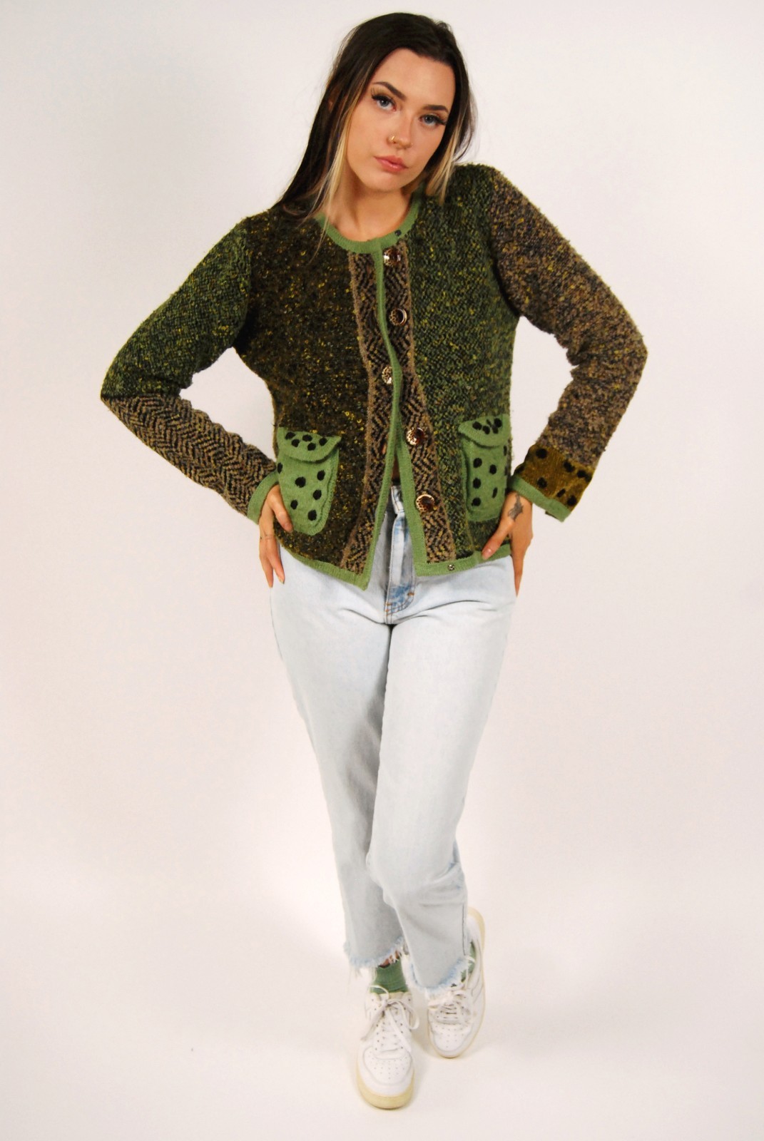90s Multi Pattern Cardigan (M) patchwork green me… - image 4