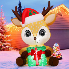5FT Christmas Inflatable Reindeer Holding Gift with LED Lights, Outdoor Yard D c