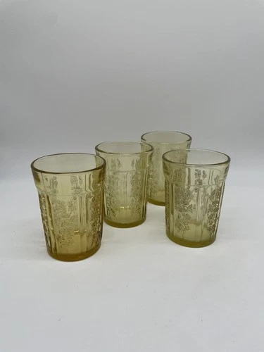 4 FEDERAL DEPRESSION GLASS “SHARON CABBAGE ROSE" YELLOW AMBER 4” TUMBLERS