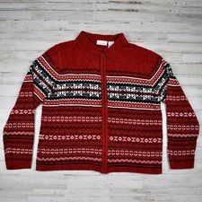 Deep red snowflake pattern soft chenille full zip cardigan sweater women's large