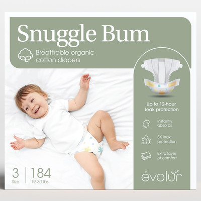Evolur Snuggle Bum Baby Diapers - Size 3 184 Count For Infant Toddlers 19 Lbs -