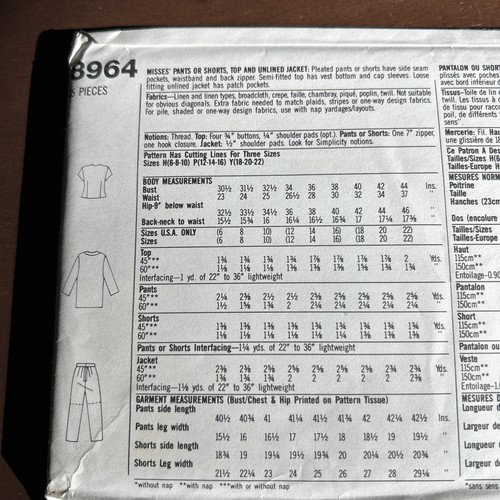 Simplicity Pattern 8964 Misses Pants,Shorts,Top,Unlined Jacket Sz 12-16  - Picture 2 of 3