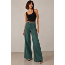 Zara Pants The Marine Straight Size 0 Green Cotton Wide Leg High Rise Raw Hem
