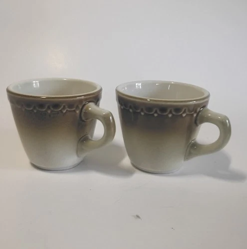 VTG Syracuse China Coffee Mugs Pair Brown Drip Glaze Restaurant Ware USA 100 E