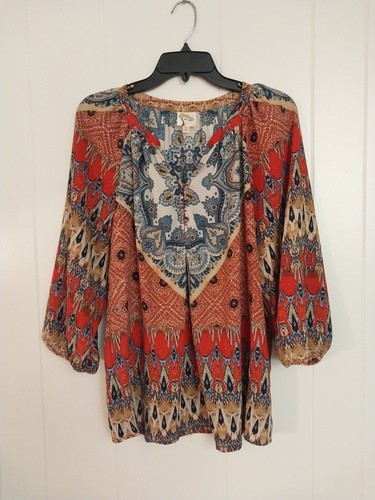 Fig And Flower Shirt Womens L Paisley 3/4 Length Sleeve Peasant Boho Blouse