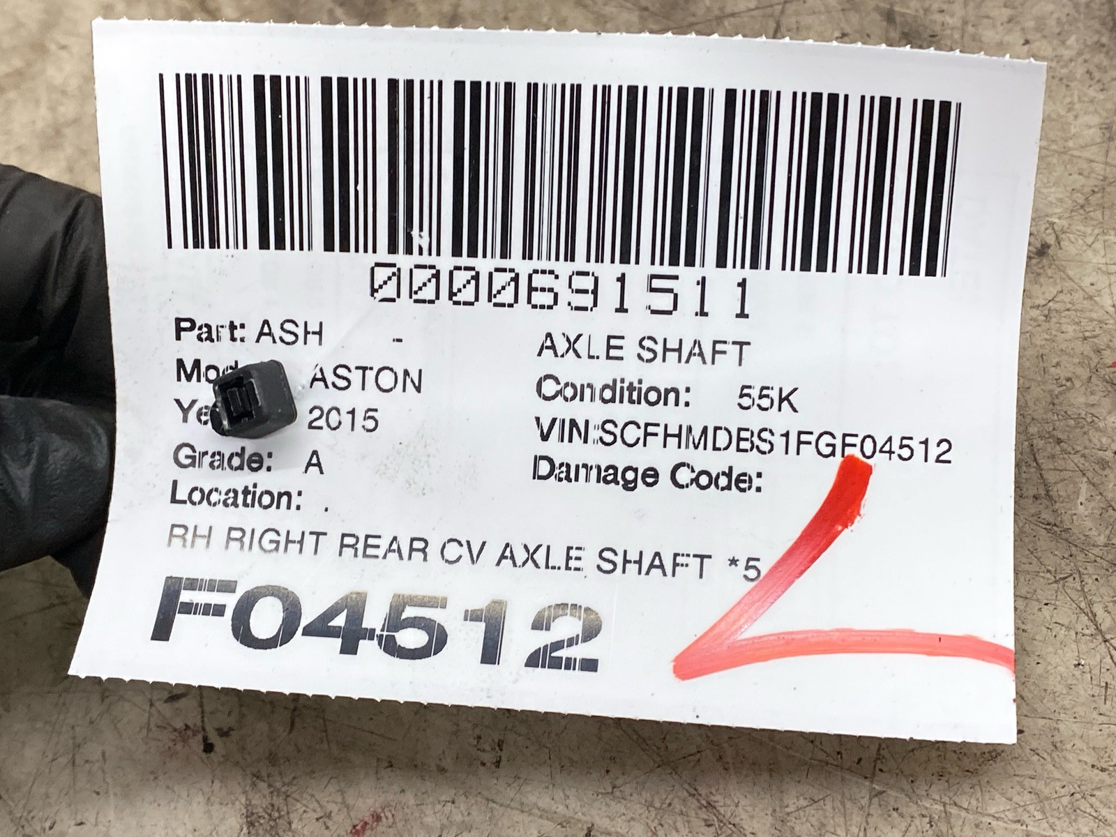 2015 ASTON MARTIN RAPIDE RIGHT REAR CV AXLE SHAFT *55K MILES* AD43-4K138-BA OEM