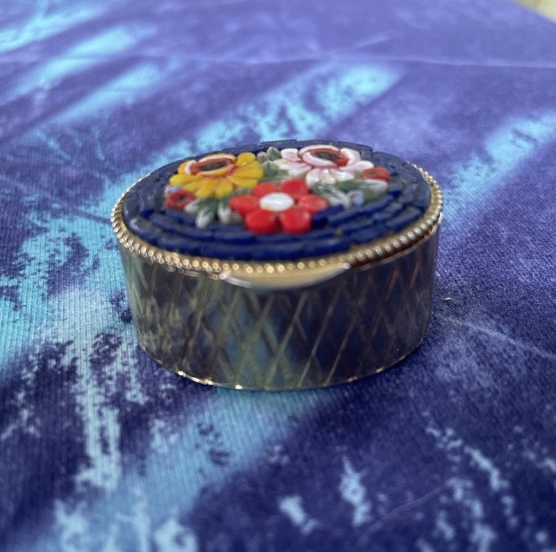Vintage Italian Mini Micro Mosaic Floral Oval Pill Box Gold-Tone Metal