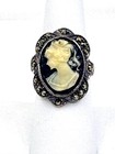 Vintage Sterling Silver Hand Carved Shell Cameo Marcasite Art Deco Ring Size 7 — photo 2