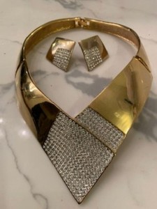 Authentic Gold plated choker with rhinestones & matching earrings