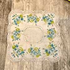 Vintage Floral Handkerchief Blue Flowers Scalloped Edge Ladies Hankie Cottage