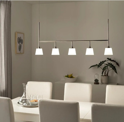 IKEA TYBBLE LED Pendant Lamp With 5 Lamps, Nickel Plated/Opal Glass New