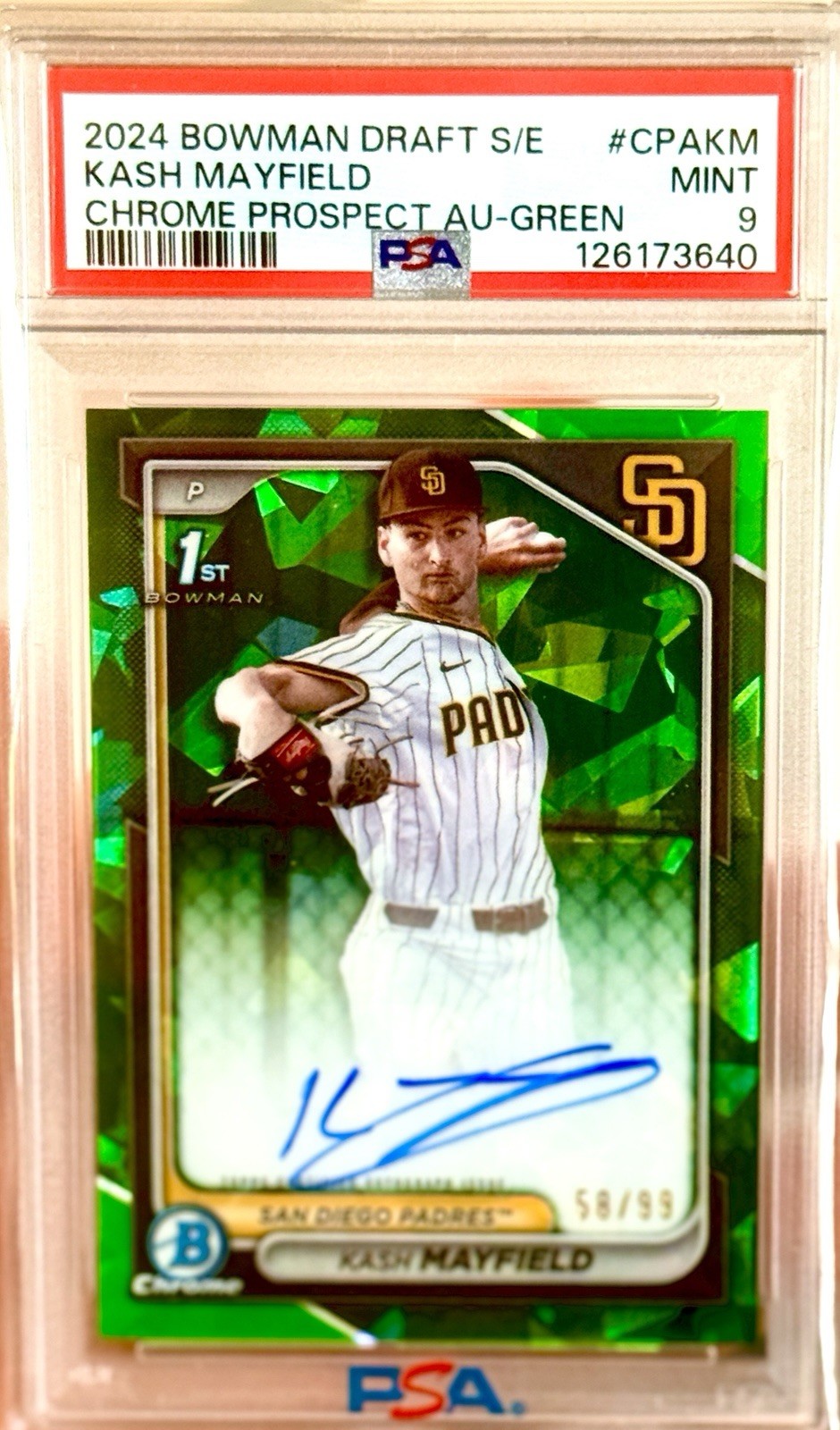 2024 Bowman Draft Sapphire Kash Mayfield Auto #/99 Green Refractor PSA 9