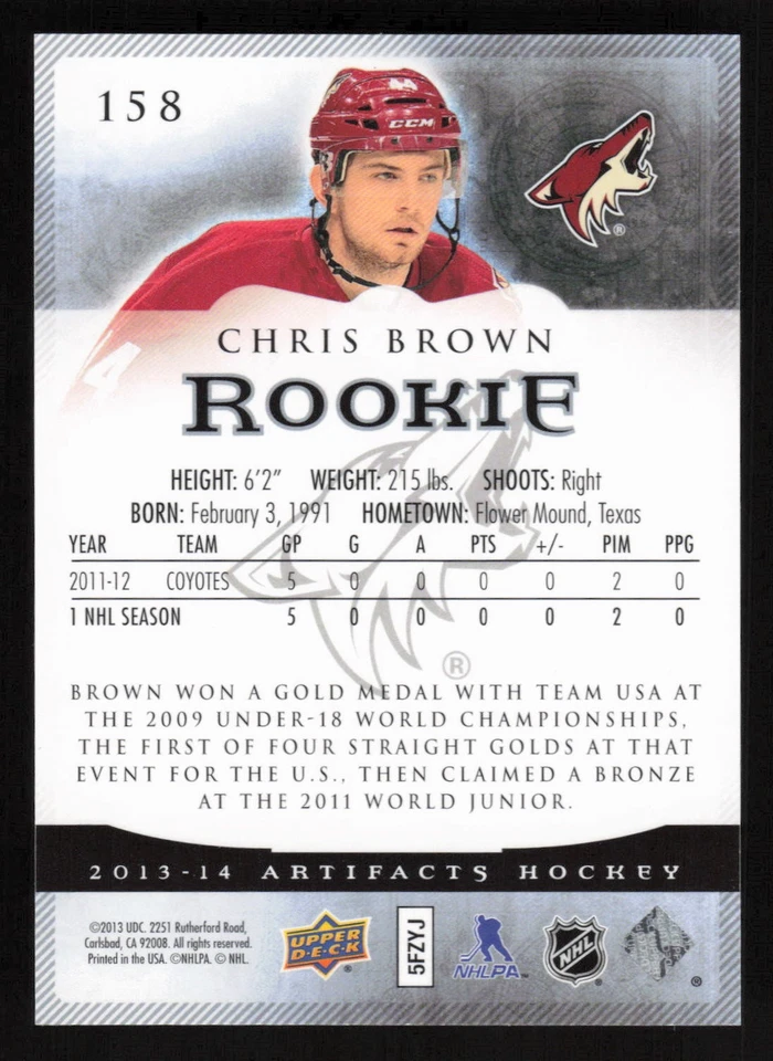 2013-14 Upper Deck Artifacts #158 Chris Brown Rookie Card  - Image 2 of 2