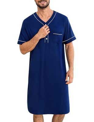 SWOMOG Mens Nightgown Short Sleeve Lounge, Sleep Henley Shirt Pajama Big  Tal...