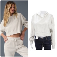 Alo Yoga Muse Cropped Hoodie Ivory Ribbed Minimal Athleisure Lounge Pullover