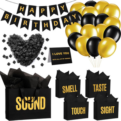 5 Senses Gift Bags with Labels Tissue Paper Rose Petals Banner Balloons Black Go