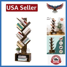 Tree Bookshelf - 6 Shelf Retro Floor Standing Bookcase, Tall Wood Book Storag...