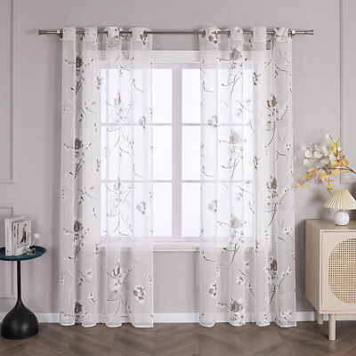 1 Stück Transparent Gardinen Stores Volie Vorhang Ösen Blumen Fensterschal Weiß