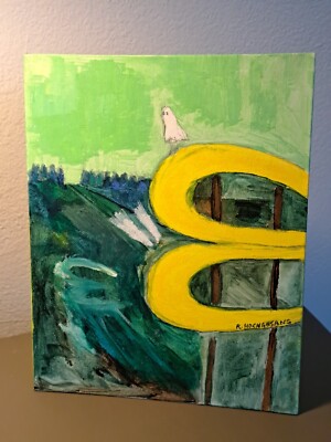 Original green acrylic pencil on 10x8 canvas of ghost on billboard 1/1 signed