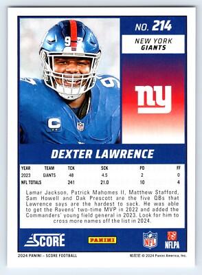 2024 Panini Score #214 Dexter Lawrence New York Giants Football