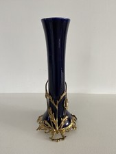 Vaso Art Nouveau Porcellana Smaltata Blu E Bronzo Dorato