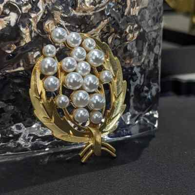 #ad 2Ct Round Cut Natural Pearl Leaf Design Brooch 14K Yellow Gold Plated Silver $224.20