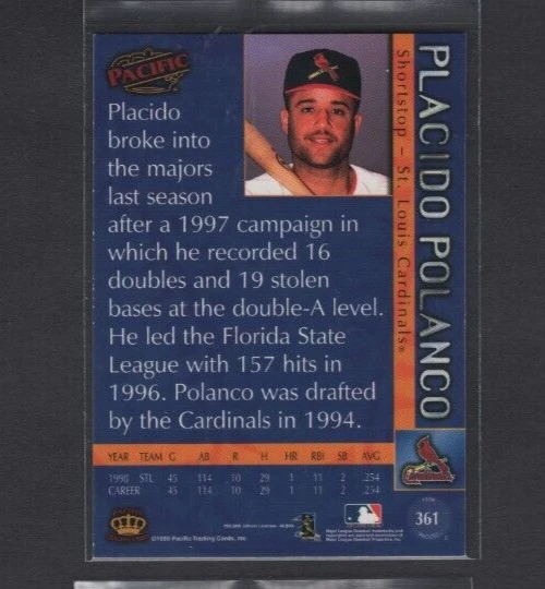 1999 PACIFIC PLATINUM BLUE PARALLEL #361 PLACIDO POLANCO CARDINALS ROOKIE SP /67 - Image 2 of 2