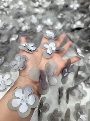 Gray 3D Flowers/Floral Butterflies Embroidered Mesh Lace Fabric By The Yard