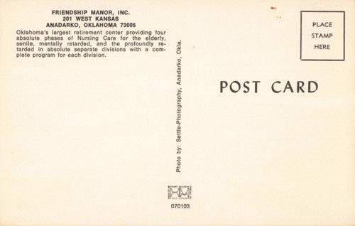 Anadarko, Oklahoma Postcard Friendship Manor Aerial View c 1970s A9 - Picture 2 of 2