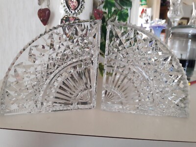 Book Ends of Sparkling Cut Crystal Fan Shaped, pair 5.25''x1.7'' Heavy