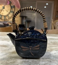 Japanese Blue Dragonfly Tombo Pottery Teapot With Lid