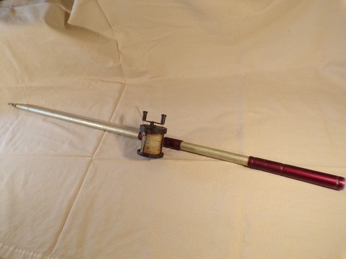 Vintage / Antique 14 foot Telescoping Fishing Rod w/ Reel Cabin Cottage Decor