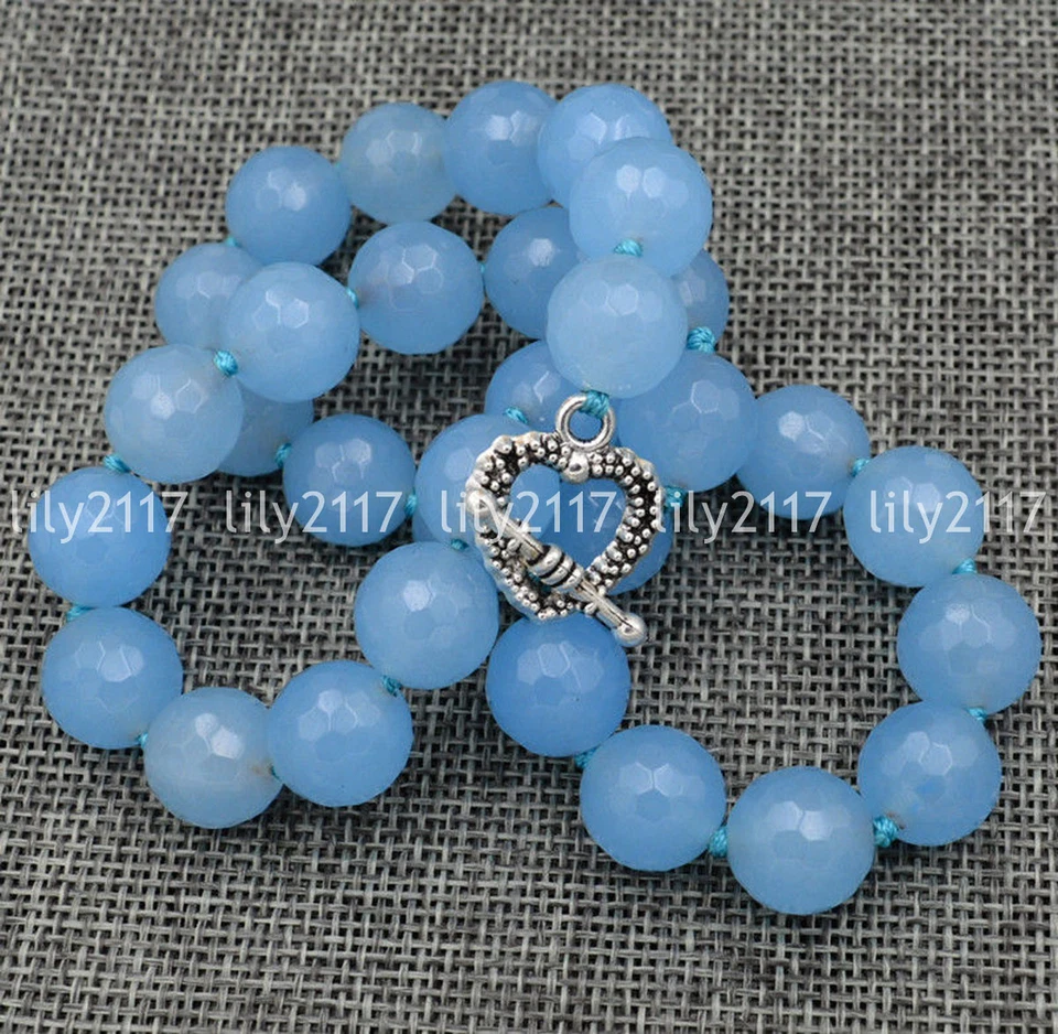 Natural Faceted 10mm Aquamarine Gems beads Necklace Tibetan silver love clasps - Image 3 of 4