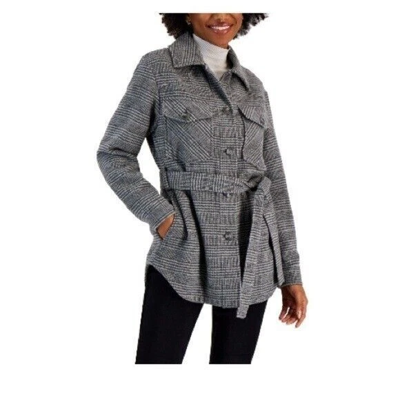 Chaqueta Camisa CoffeeShop Juniors Cinturón, Abrigo Gris Cuadros Talla S Foto 3 de 4