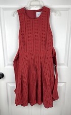 Amour Vert Women’s Red Eyelet Dress Size S With Waist Tie, Pockets