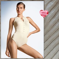 Wolford Merino Rib String Body • XS/S • ecrue ... Rundausschnitt und Knopfleiste