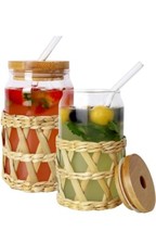 Natural Style Drinking Glasses with Bamboo Lids and Straw 2Pcs Beer Can Glass...