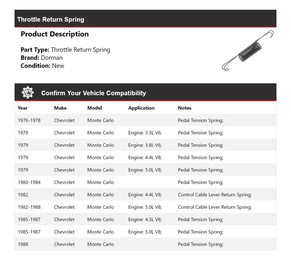 适用于 1976 - 1988 雪佛兰 Monte Carlo Dorman 节气门返回 1977 年春季 1979 — 第 2/4 张图片