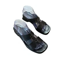 Women’s Clarks Size 8 Black Leather Slip On Heeled Sandals Shoes