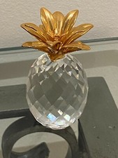 Vintage European Swarovski Crystal Pineapple Figurine  Gold Leaves 2 1/4" 