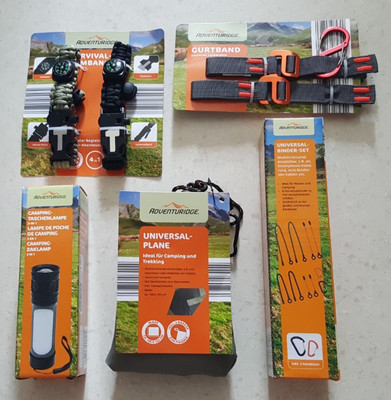 NEU ADVENTURIDGE Camping Taschenlampe Gurtband Binder Set Survival Armband Plane