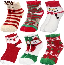 Fuzzy Christmas Socks - 6 Pairs Cozy Warm Fluffy Plush Bed Socks for Women, Girl